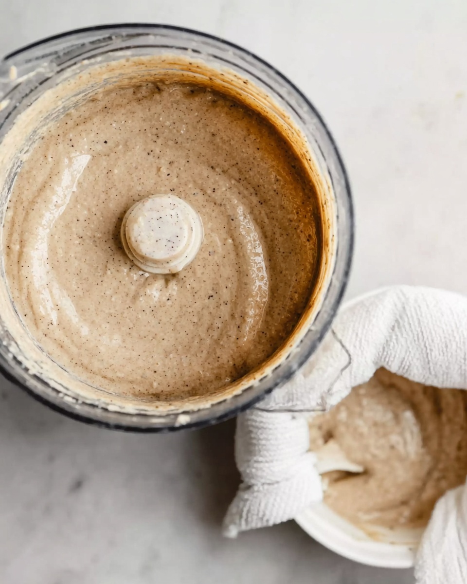 The image shows a top view of a blender filled with a thick, creamy mixture that is light brown with small dark specks throughout, giving it a textured look. Next to the blender, there is a white bowl containing some of the same mixture, with a white cloth partially inside it. The scene is set on a white marbled surface, adding a clean and bright background. Photo taken with an iphone --ar 4:5 --v 7