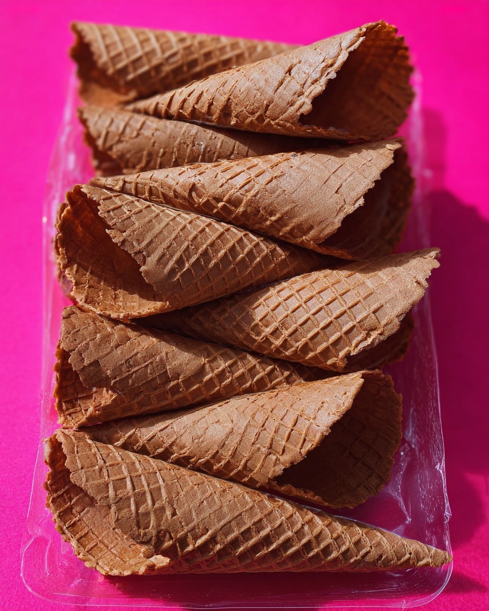 The image shows a stack of eight brown waffle cones arranged vertically on a clear plastic sheet, placed on a bright pink surface. Each cone has a textured grid pattern with visible small holes and rough edges. The cones are slightly open, showing their hollow inside with the same brown color and grid texture. They are stacked in a way that some cones partly overlap others, creating a layered look. The lighting highlights the cones' uneven surfaces and subtle color differences between the grid lines and the base. photo taken with an iphone --ar 4:5 --v 7
