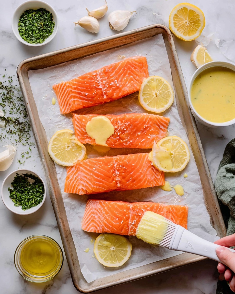 The image shows a baking tray lined with white parchment paper holding four bright orange salmon fillets, each with a smooth, slightly glossy texture and visible lines of the fish flesh. Three lemon slices with pale yellow color are placed around the salmon on the parchment paper, adding contrast. On the bottom right, a woman's hand holds a white silicone brush, spreading a thick, light yellow sauce over one of the salmon fillets. Surrounding the tray are small white bowls containing bright green chopped herbs, a yellow liquid, and a creamy light yellow sauce, all set on a white marbled surface with scattered bits of herbs and garlic. photo taken with an iphone --ar 4:5 --v 7