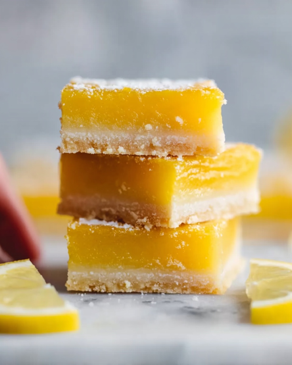 The image shows several square lemon bars arranged on a white marbled surface. Each lemon bar has three layers: a light beige crumbly crust at the bottom, a thick, smooth, and bright yellow lemon filling in the middle, and a thin dusting of white powdered sugar on top. Each piece is decorated with a small, thin triangular lemon slice placed near one corner. The texture of the lemon filling looks soft and slightly shiny, while the crust appears firm and crumbly. The overall look is clean and fresh, with soft natural light highlighting the dessert's details. Photo taken with an iphone --ar 4:5 --v 7