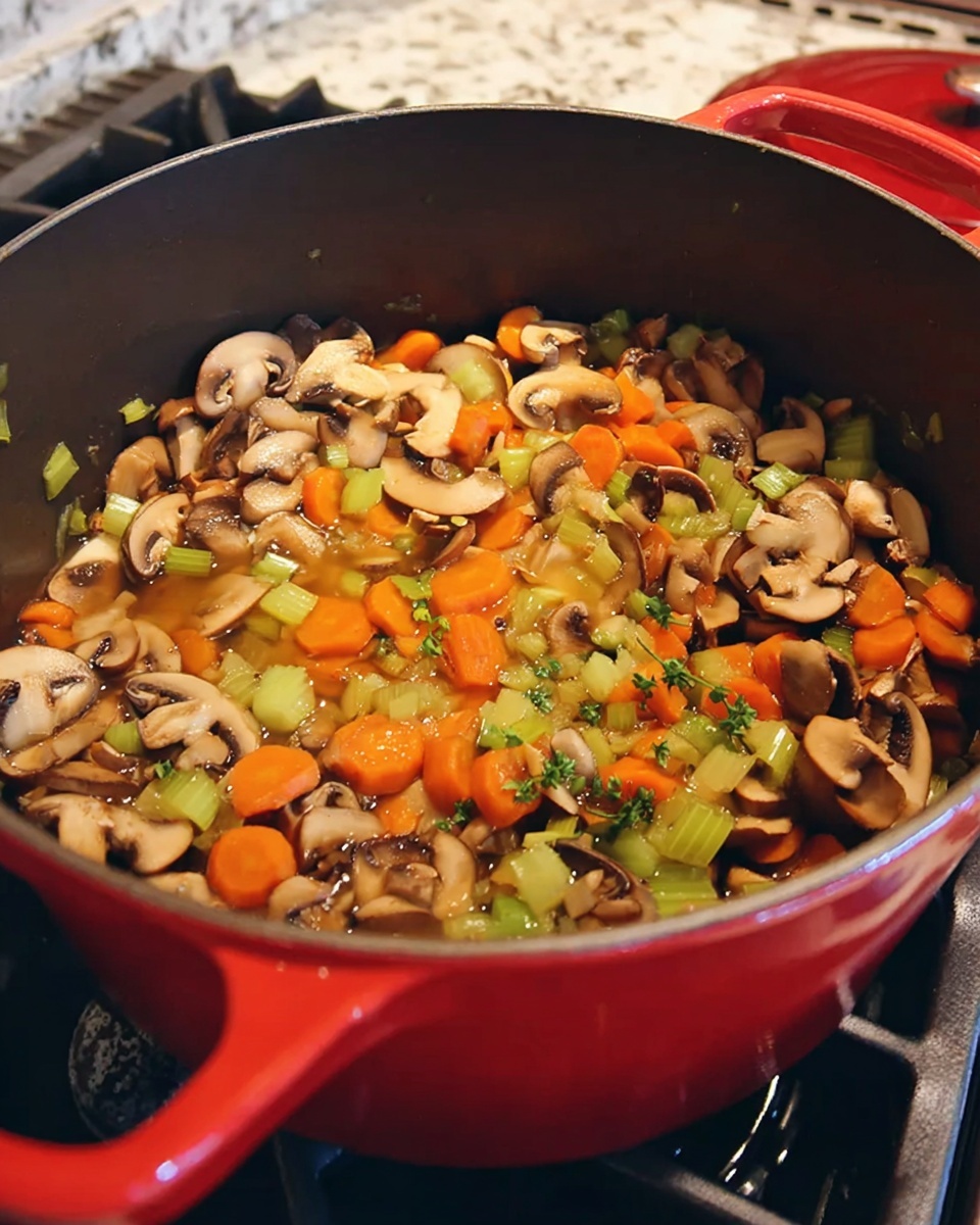 A large red pot filled with cooked sliced mushrooms, small round carrot pieces, and chopped light green celery, all mixed together with a slightly shiny and soft texture. The pot sits on a stove with a white marbled surface visible around it. photo taken with an iphone --ar 4:5 --v 7