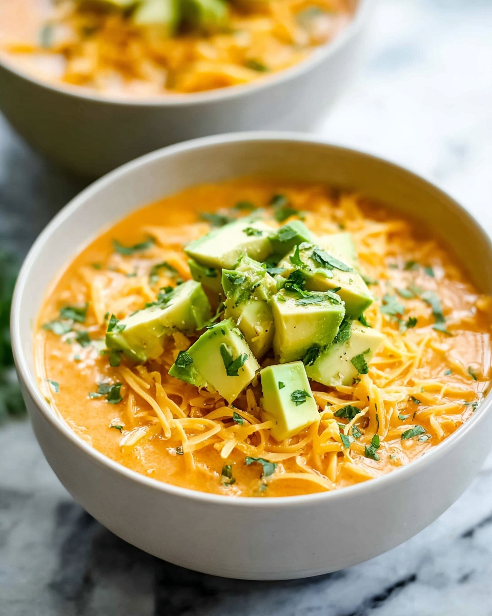 The image shows a bowl filled with creamy orange soup. On top, there are three layers: light yellow shredded cheese at the base, green avocado cubes scattered over the cheese, and green chopped herbs sprinkled on top. The bowl is white and sits on a white marbled surface. In the background, there is another similar bowl slightly out of focus, also filled with the same soup and toppings. The lighting is bright, showing the fresh ingredients clearly. photo taken with an iphone --ar 4:5 --v 7