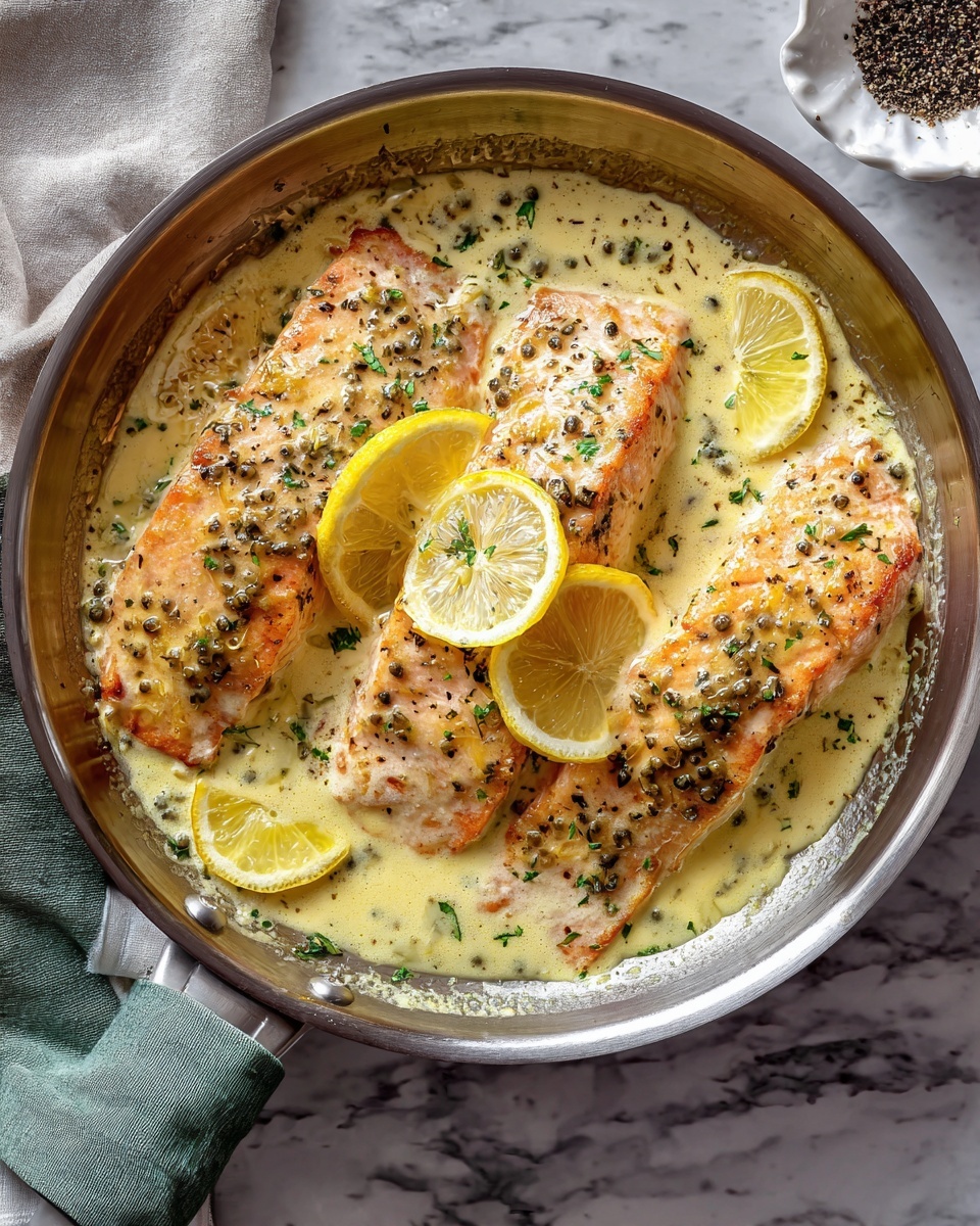 In a round metal pan, there are three pieces of cooked salmon, light pink with a soft texture, covered in a creamy, pale yellow sauce speckled with green herbs and small mustard seeds. On top of and around the salmon are three lemon slices, one resting on the middle piece and the others beside the salmon, adding bright yellow contrast. The edges of the salmon are slightly browned, and small bubbles of the sauce can be seen, showing it is hot and fresh. The pan's handle is wrapped with a green cloth, and the pan sits on a white marbled surface with a small white bowl of black pepper nearby. photo taken with an iphone --ar 4:5 --v 7