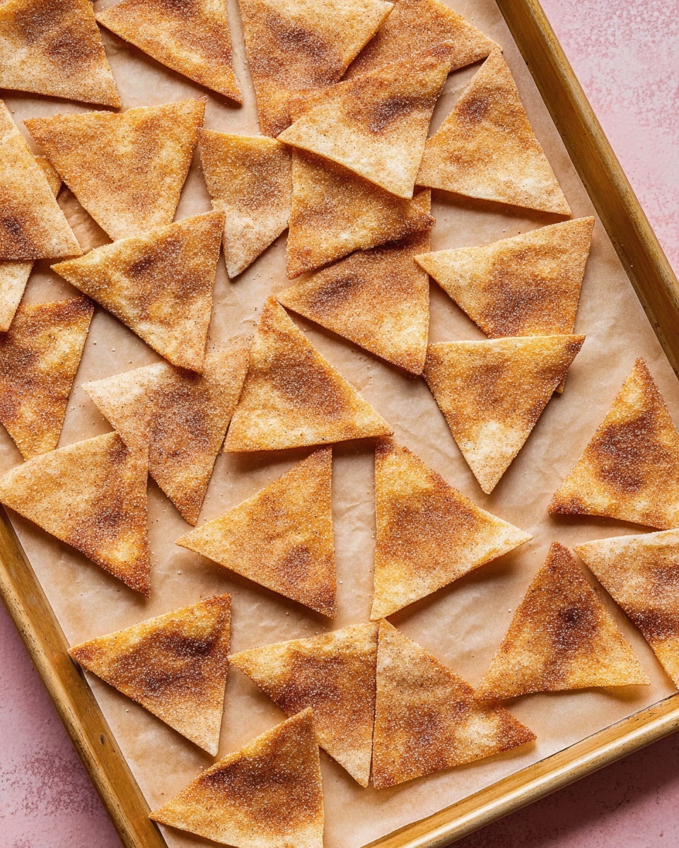 The image shows a tray covered with parchment paper holding multiple triangular pieces of a baked snack. Each triangle is thin, golden brown, and lightly sprinkled with a coating of cinnamon sugar that gives a slightly grainy texture on the surface. The triangles are arranged with small spaces between them in a scattered but organized way. The tray edges are visible and the whole scene rests on a soft pink surface. photo taken with an iphone --ar 4:5 --v 7