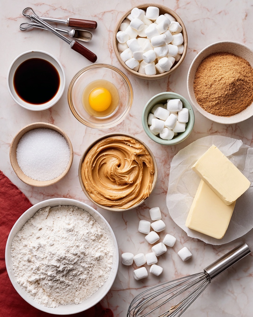 The image shows a white marbled surface with various baking ingredients arranged neatly: a white bowl filled with white flour in the center bottom, a bowl with smooth, creamy peanut butter to the left, and a bowl of small, white marshmallows to the right. Above the peanut butter is a bowl with brown sugar, and next to it is a clear glass bowl holding one raw yellow egg yolk. A small white dish of thick white salt is placed near the egg. On the left, there is a white bowl with dark vanilla extract and two metal measuring spoons with dark wooden handles crossing each other. At the bottom right, a block of light yellow butter partially wrapped in paper sits next to the flour bowl. There are also small white marshmallows scattered on the white marbled surface. A whisk with a metal handle and dark wood rests inside a large empty white bowl at the bottom right corner. Photo taken with an iphone --ar 4:5 --v 7