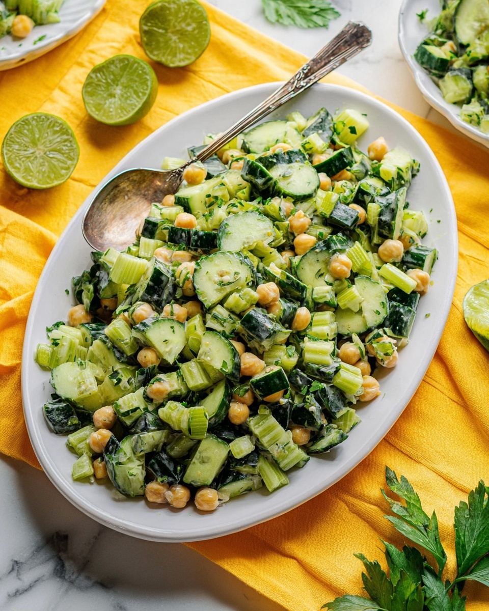 A white oval plate holds a fresh salad with three layers of ingredients: light green chickpeas, dark green cucumber slices with thick skin cut into chunks, and celery pieces in a brighter green shade. The salad is mixed with small bits of green herbs, adding a speckled texture throughout. A silver spoon rests on the top left edge of the plate, partly submerged in the salad. The plate sits on a yellow cloth with a soft texture, and there are green lime halves and fresh parsley placed loosely in the white marbled background. Photo taken with an iphone --ar 4:5 --v 7