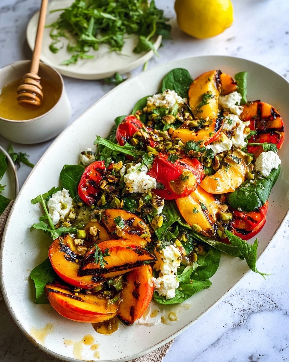 A white oval plate on a white marbled surface holds a colorful salad with four main layers. The bottom layer is dark green fresh spinach leaves, some whole and some torn. On top are charred bright orange peach slices with black grill marks, arranged in a scattered way. Next, small halved red cherry tomatoes and green pistachios are spread evenly over the peaches. The final layer has soft white cheese dollops, drizzled with golden honey and sprinkled with fresh chopped green herbs. In the background, a small white plate with fresh herbs and a wooden honey dipper sits next to a half lemon. Photo taken with an iphone --ar 4:5 --v 7