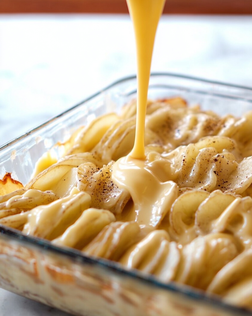 A close-up image shows a glass baking dish filled with a single layer of spiral pasta. The pasta is pale beige with visible ridges and slightly browned edges. A creamy, smooth, yellow cheese sauce is being poured over the pasta, covering it evenly and creating a shiny, thick coat. Small bits of pepper and seasoning are scattered on top of the pasta beneath the sauce. The dish sits on a white marbled surface, and the background is softly blurred. photo taken with an iphone --ar 4:5 --v 7