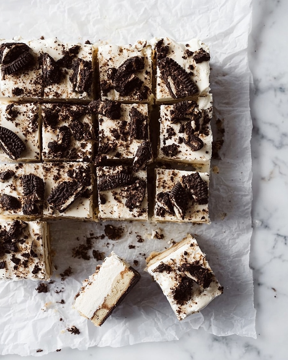 A square dessert is cut into 16 pieces, with one piece removed and placed slightly to the left, showing the layers. The dessert has a thick white base layer, topped with a creamy white layer generously covered in broken dark brown cookie pieces scattered unevenly on top. The dessert rests on crumpled white paper that lies on a white marbled surface. Some cookie crumbs are spread around the dessert on the paper, adding texture and a casual feel. photo taken with an iphone --ar 4:5 --v 7