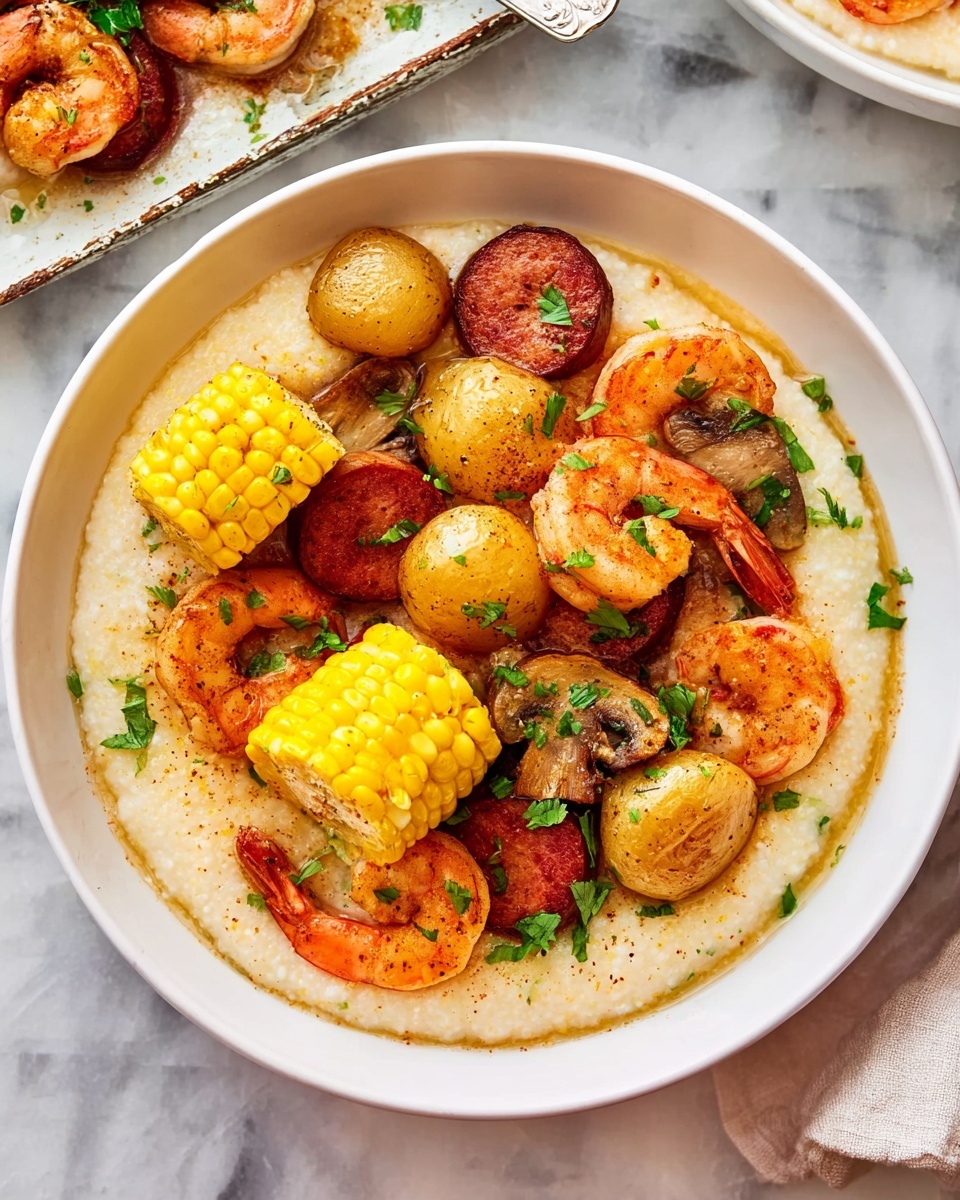 In a white bowl sits a base layer of creamy, pale yellow grits with a smooth texture, filling most of the bowl. On top of the grits, there are several small golden-brown roasted potatoes scattered around, along with bright orange shrimp that have a slight shine. Three bright yellow corn on the cob sections are placed evenly among the shrimp and potatoes. Pieces of reddish-brown sausage rest throughout the bowl, adding contrast. Small mushroom caps with a soft brown color and fresh green herb leaves are sprinkled over everything, adding touches of green. The bowl sits on a white marbled surface, and in the background, there is a white tray with similar food and a woman's hand holding a spoon on the left edge. Photo taken with an iphone --ar 4:5 --v 7