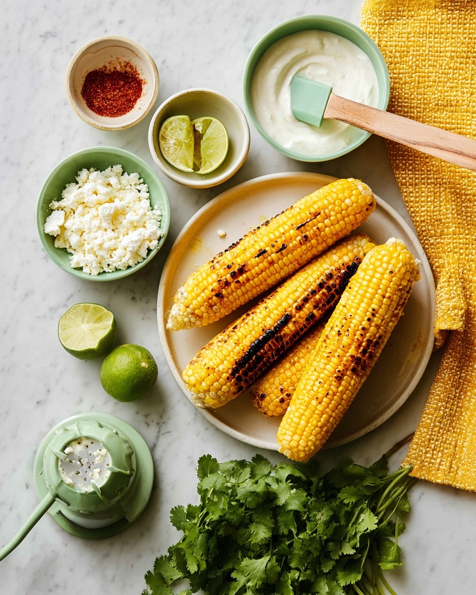 The image shows five grilled corn cobs on a white plate with light grill marks and a creamy white sauce being brushed on one cob by a woman's hand holding a wooden brush. Three cobs on the plate have a thin layer of sauce, and two are plain. Around the plate, there is a small yellow bowl of red spice powder, a white citrus juicer with a half lime, a bunch of fresh green cilantro on the right, and a small white bowl with white cheese pieces on the left. The surface is white marble, and a yellow cloth is partly visible in the bottom left corner. photo taken with an iphone --ar 4:5 --v 7