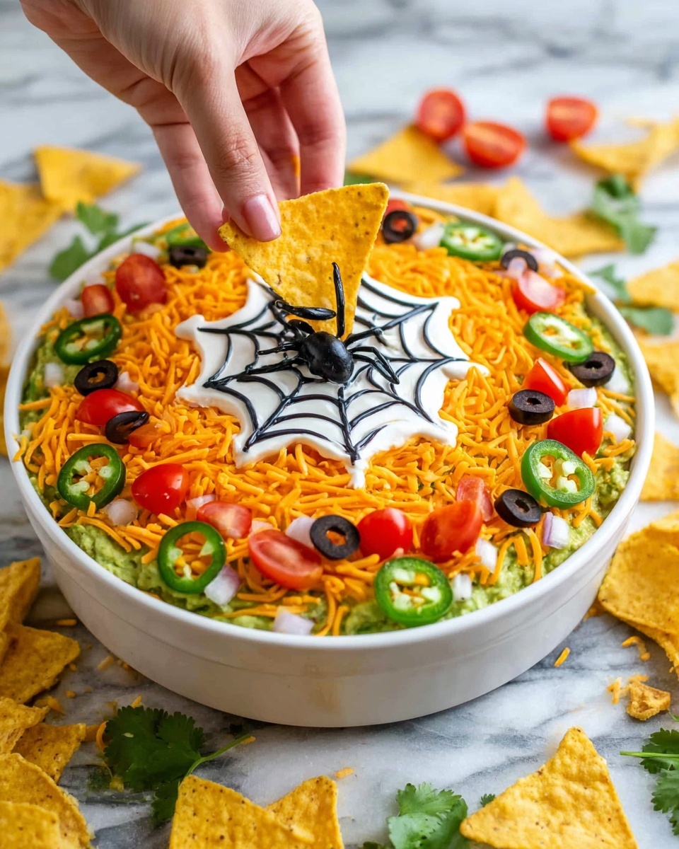 A white bowl on a white marbled surface holds a colorful layered dip. The bottom layer is green guacamole, topped with a bright orange shredded cheese ring that circles the dish. Around the cheese are small pieces of red tomato, white onion, and green jalapeño slices. The center has a design made of white sour cream shaped like a spider web. On the web is a black olive cut in half, styled to look like a spider. A woman's hand is dipping a triangular yellow tortilla chip into the guacamole in the middle. More yellow tortilla chips, red tomatoes, and green cilantro leaves are scattered around the bowl on the marbled surface. Photo taken with an iphone --ar 4:5 --v 7