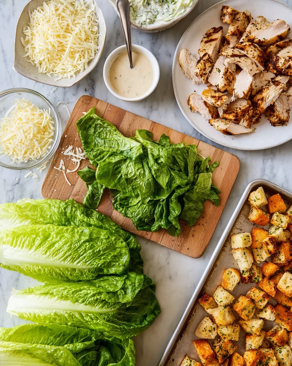 The image shows ingredients for a fresh salad arranged neatly on a white marbled surface. There are two whole romaine lettuce heads at the bottom with one head chopped into green leafy pieces placed on a wooden board in the center. To the top left, a small white bowl contains shredded cheese with some grated cheese scattered around. Next to it is a small white bowl with a creamy dressing and a spoon resting inside. On the top right is a white plate full of grilled chicken pieces with visible grill marks. At the bottom right is a baking tray filled with golden, crispy bread cubes seasoned with herbs. Photo taken with an iphone --ar 4:5 --v 7