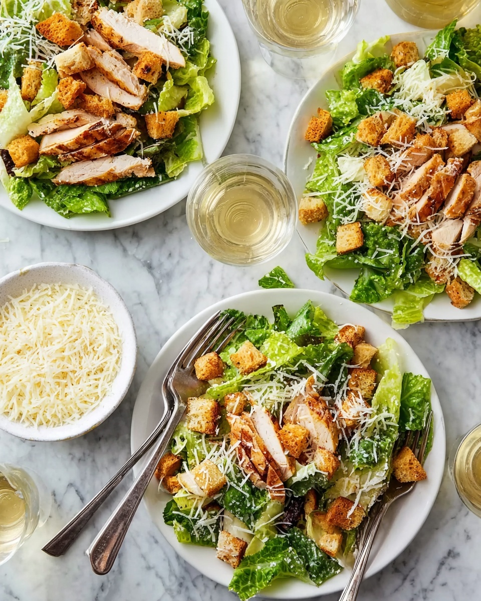 Three white plates filled with fresh Caesar salads sit on a white marbled surface. Each salad has a base layer of bright green romaine lettuce leaves, topped with slices of golden brown grilled chicken pieces arranged evenly, and scattered golden-brown crunchy croutons. A light sprinkle of white shredded cheese is spread over the top. A small white bowl filled with more shredded cheese is placed near the salads. Two metal forks rest on the plates, and there are glasses of light-colored drink nearby. Photo taken with an iphone --ar 4:5 --v 7