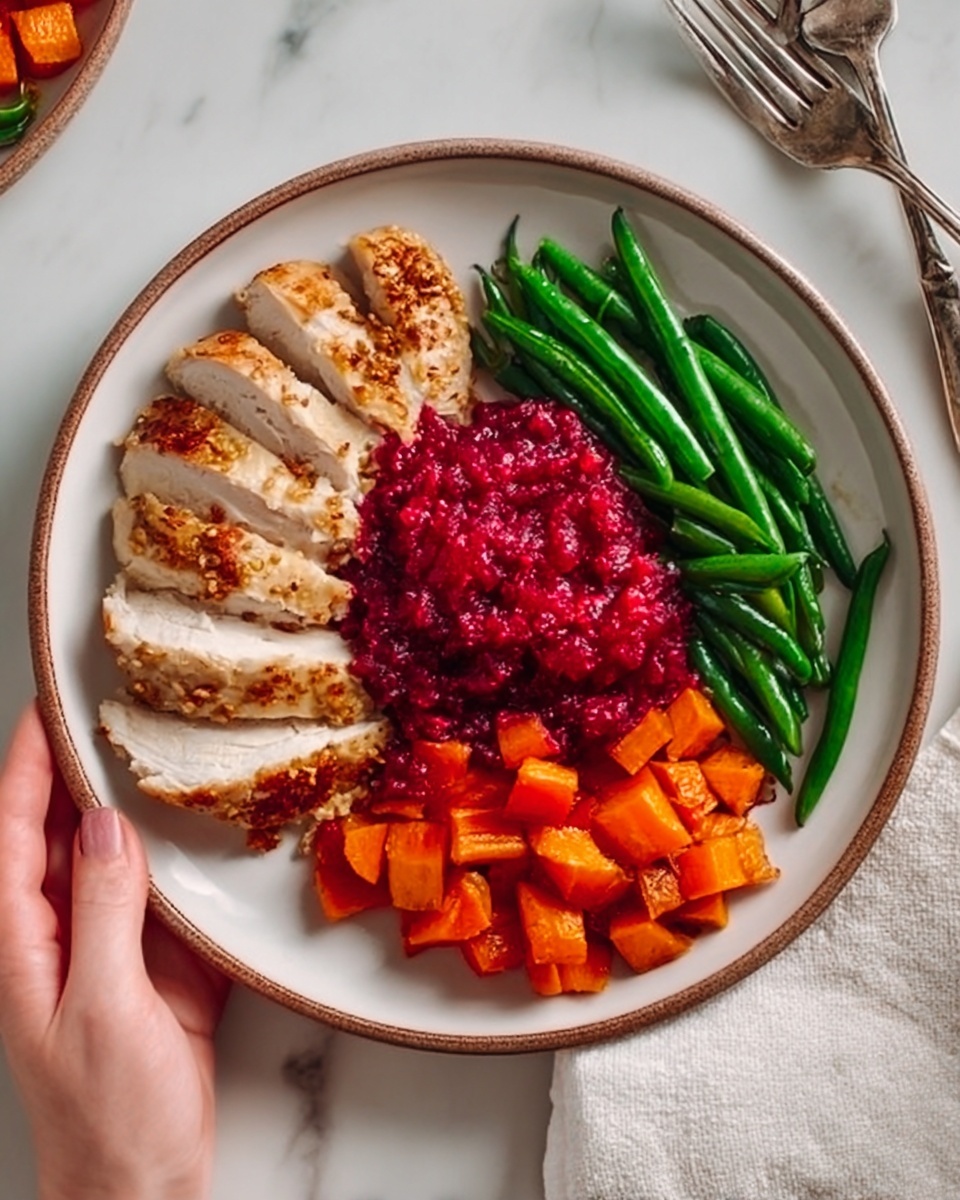 A white plate holds a meal with three main sections: on the left, there are five thick slices of golden brown roasted chicken, arranged slightly spread out; in the middle, a generous scoop of bright red chunky cranberry sauce with a textured surface; on the right, a small pile of vibrant green green beans laid side by side and lightly cooked; at the bottom of the plate, beneath the cranberry sauce and chicken, there are several shiny, caramelized orange carrot pieces placed in a loose cluster. The plate sits on a white marbled surface, next to silver cutlery resting on a white cloth napkin. A woman's hand is seen reaching toward the plate. Photo taken with an iphone --ar 4:5 --v 7