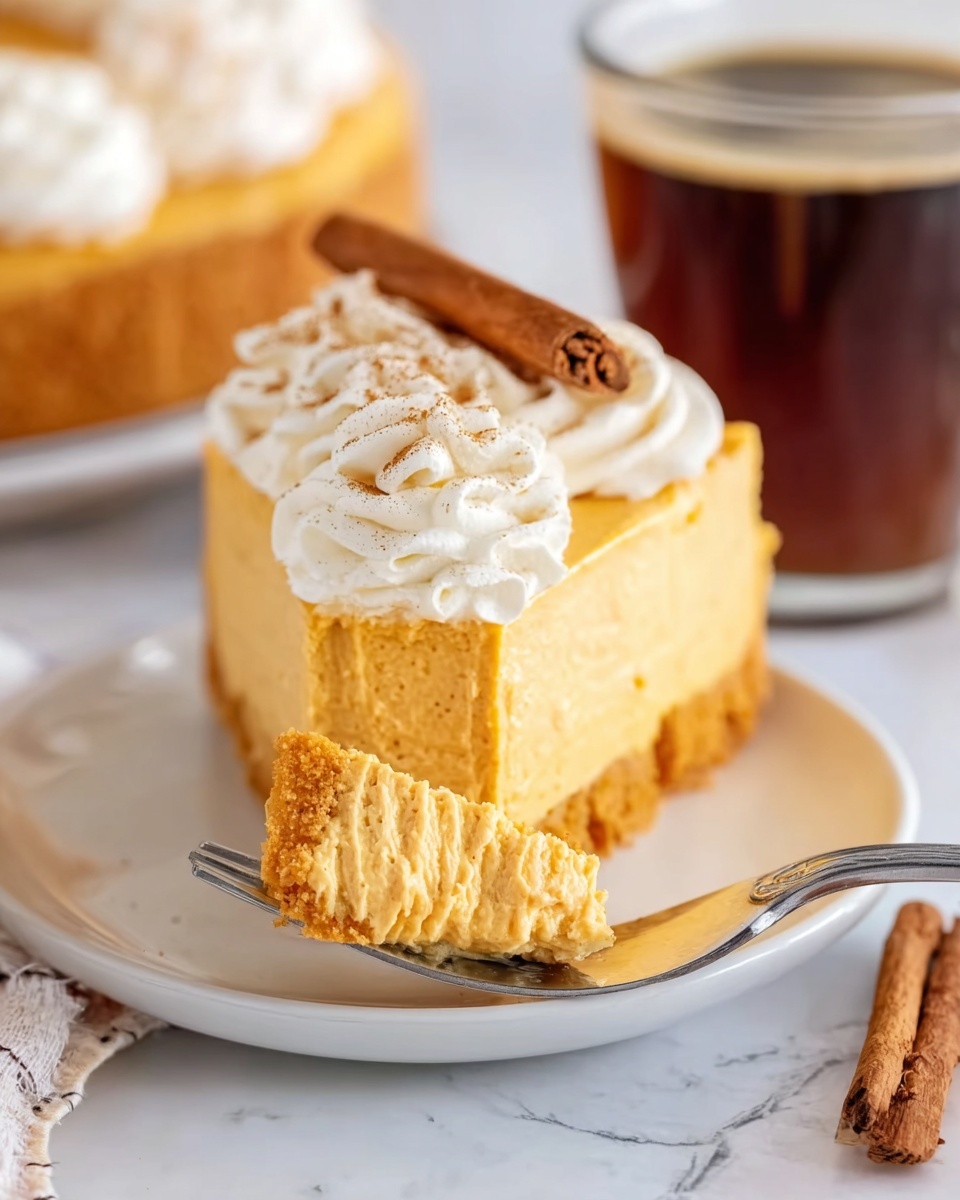 A tall slice of smooth, creamy light orange pumpkin pie with detailed layers visible where a piece is lifted by a fork. The pie slice sits on a white plate that rests on a white marbled surface. The top of the pie is decorated with white swirls of cream and a cinnamon stick placed diagonally over the cream. In the background, a glass cup filled with dark coffee is visible, slightly blurred, adding a warm cozy feel. The photo looks fresh and bright, showing the soft texture of the pie and creamy topping clearly. Photo taken with an iphone --ar 4:5 --v 7
