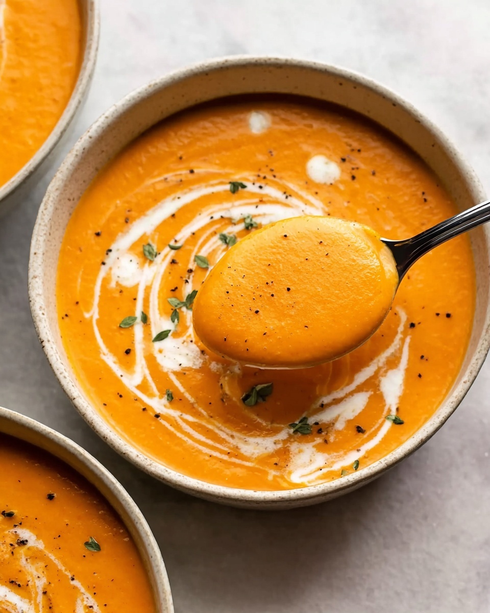 A close-up view of a creamy orange soup served in a round white bowl with a soft, smooth texture. The soup is swirled with white cream on top, forming thin, flowing lines across the surface. Small sprinkles of green herbs and black pepper add fine texture and color contrast. A silver spoon holds a rounded scoop of the thick soup, hovering over the bowl. The bowls are set on a white marbled surface, creating a clean and bright background. photo taken with an iphone --ar 4:5 --v 7