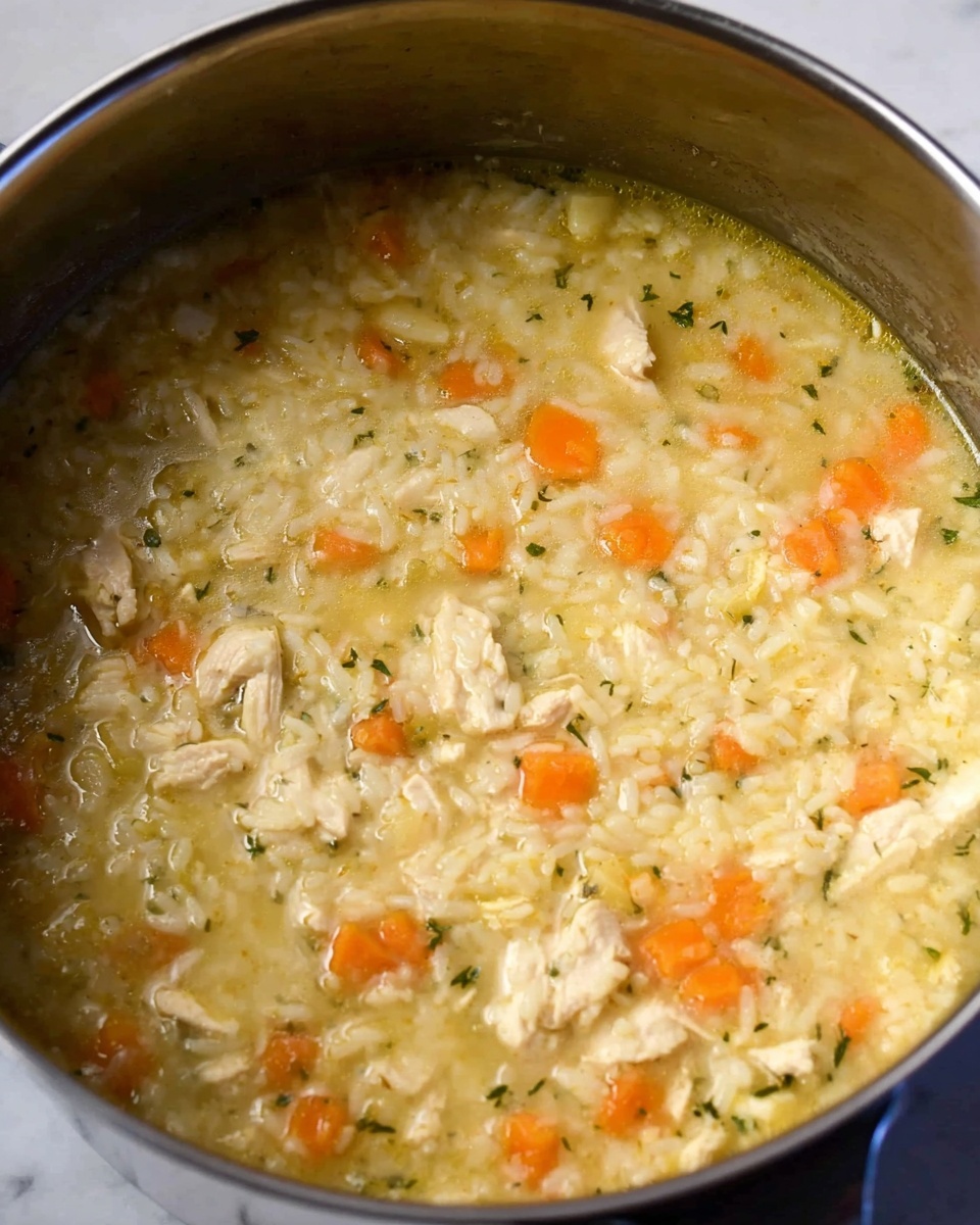 The image shows a close-up of a pot filled with creamy chicken and rice soup. The soup has three main visible layers: small chunks of light-colored chicken pieces spread evenly, soft orange carrot slices scattered throughout, and a thick layer of cooked white rice mixed into the broth, which is light yellow with a smooth texture and some tiny green herb bits distributed lightly. The soup looks warm and hearty with a soft shine on the surface. The pot is stainless steel, and the background is a white marbled texture. photo taken with an iphone --ar 4:5 --v 7