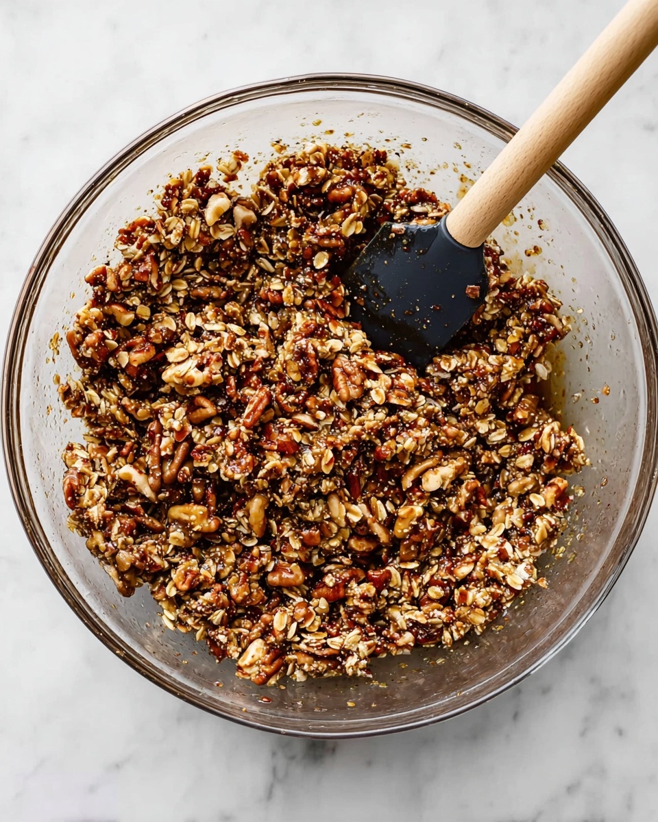 A clear glass bowl filled with a chunky mixture of brown oats, chopped nuts, and seeds, all coated evenly in a sticky, dark honey-like syrup, with a black spatula that has a light wooden handle resting on the right side mixing the contents. The bowl sits on a white marbled surface. photo taken with an iphone --ar 4:5 --v 7