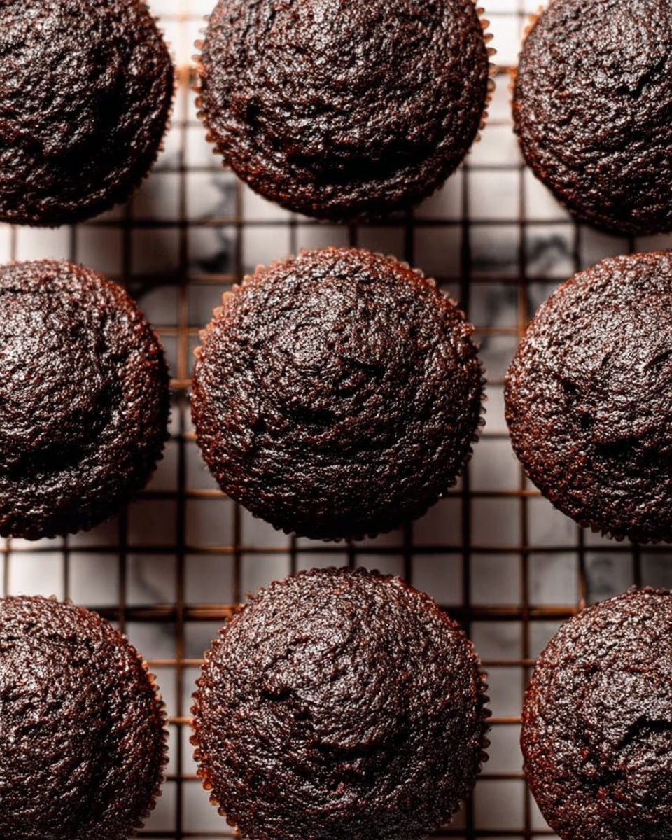 The image shows a close-up view of several dark chocolate muffins arranged in a grid pattern on a cooling rack. Each muffin has one main rounded layer with a rough, textured top that looks slightly cracked and moist. The muffins are tightly packed, showing their rich, dark brown color almost black, with a subtle shine on the surface indicating their moistness. The background beneath the rack is a white marbled texture. Photo taken with an iphone --ar 4:5 --v 7
