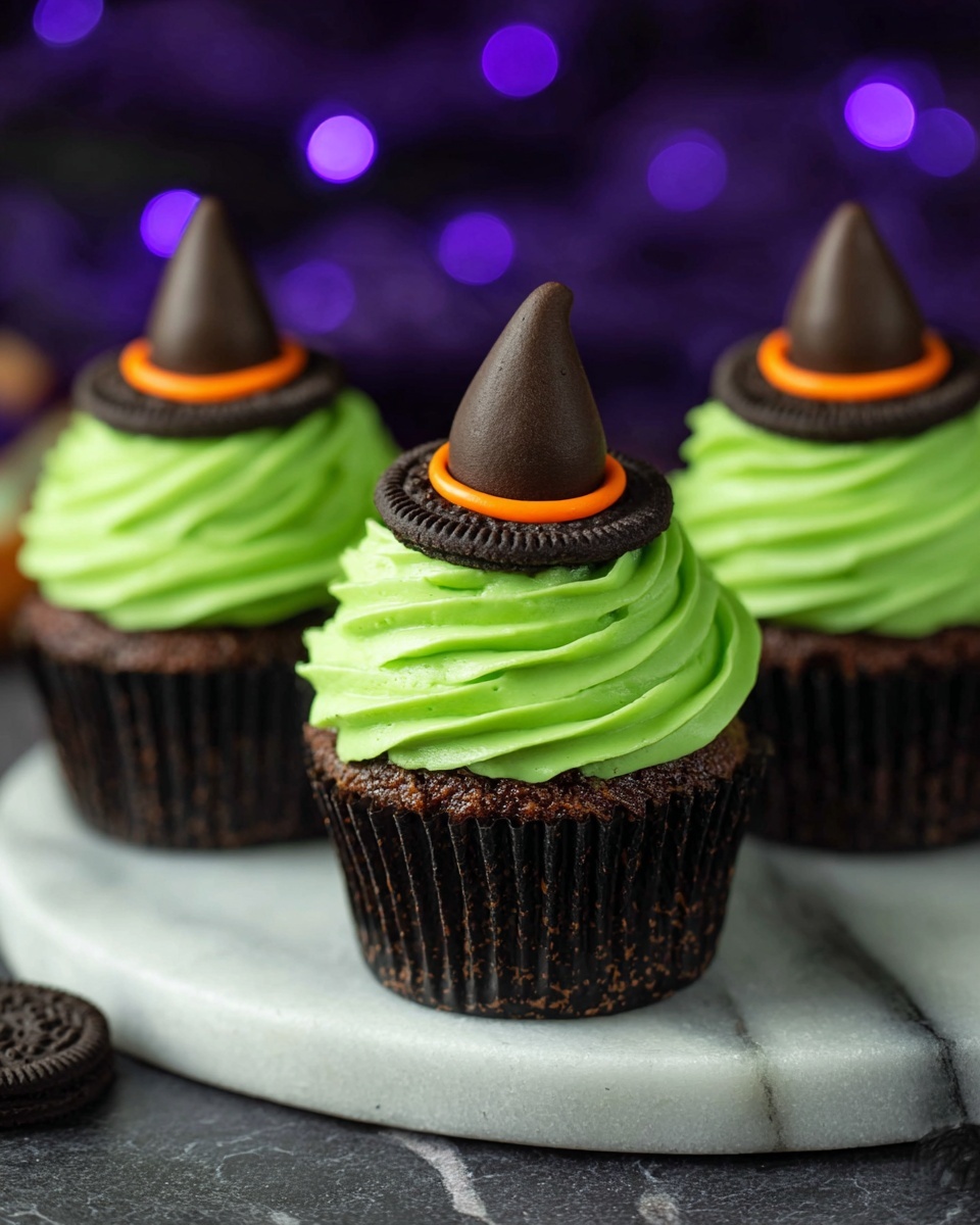A chocolate cupcake is wrapped in a black paper liner with a thick swirl of bright green frosting on top. Resting on the frosting is a dark chocolate sandwich cookie with a ring of orange icing around its center. On top of the cookie sits a large, cone-shaped chocolate candy with a smooth texture. The cupcake is placed on a white plate with a white marbled texture background. photo taken with an iphone --ar 4:5 --v 7