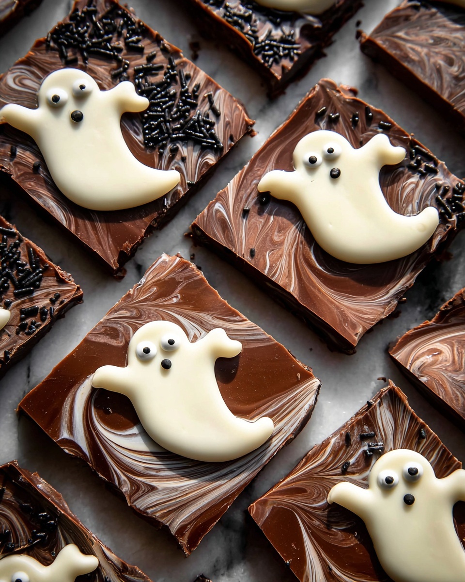 The image shows square pieces of dark chocolate bark with swirls of smooth milk chocolate mixed with darker shades as the base layer. On top, there are eight white chocolate ghosts formed with rounded bodies and small curved tails, each having two small candy eyes to give a playful look. The surface is sprinkled with small black sprinkles adding texture and contrast, visible mainly near the edges of the bark. The chocolate has a shiny finish with swirled patterns blending the white and dark chocolate colors. The bark pieces have sharp, straight edges separating them clearly. The whole setup is placed on a white marbled surface. photo taken with an iphone --ar 4:5 --v 7