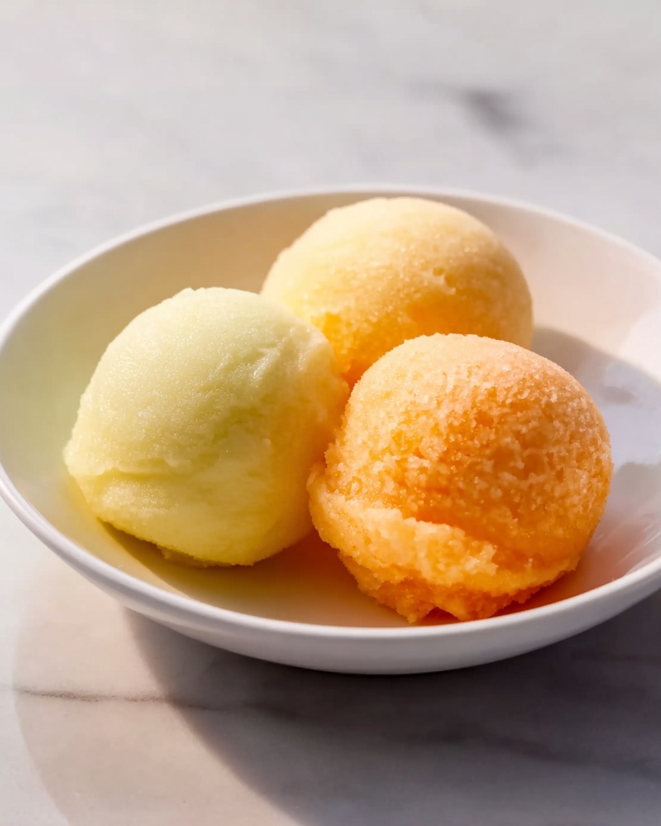 The image shows a white bowl with three round scoops of sorbet. Two scoops are pale yellow, close to a soft lemon color, and the third scoop is a bright orange with a slightly rough texture. The bowl has a smooth, curved edge and is placed on a white marbled surface. The scoops are neatly arranged side by side, filling the bowl without overlapping. The lighting highlights the icy texture of the sorbet, creating a fresh and cool look photo taken with an iphone --ar 4:5 --v 7