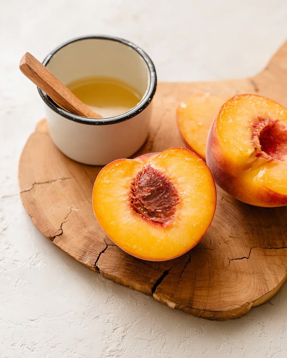 The image shows two peach halves placed on a rounded wooden cutting board with natural grain and cracks. One peach half faces up, displaying its bright orange flesh and central pit cavity with some juice shining on the surface. Next to the peaches is a small white enamel pot with a dark rim, filled with a clear yellowish liquid, and a wooden spatula resting inside it. The background surface has a white marbled texture. Photo taken with an iphone --ar 4:5 --v 7