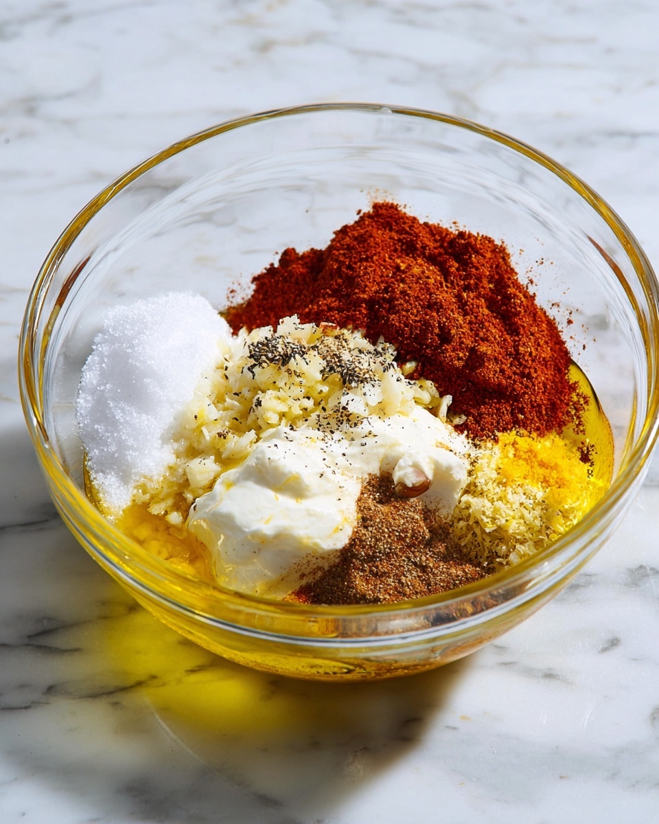 A clear glass bowl is placed on a white marbled surface, filled with several colorful layers of ingredients. On one side, there is a bright white pile of salt and a small mound of red chili flakes above it. Next to these, vibrant reddish-orange paprika powder forms a thick layer. In the middle, a creamy white yogurt-like dollop is topped with finely minced garlic and some ground black pepper. To the right, there is pale yellow grated lemon zest, with light brown ground spices, including cinnamon and cumin, layered above and near it. At the bottom, a layer of golden yellow oil slightly pools, creating a shiny base. The ingredients are all separate and distinct, showing a collage of vibrant color and texture in the glass bowl. Photo taken with an iphone --ar 4:5 --v 7