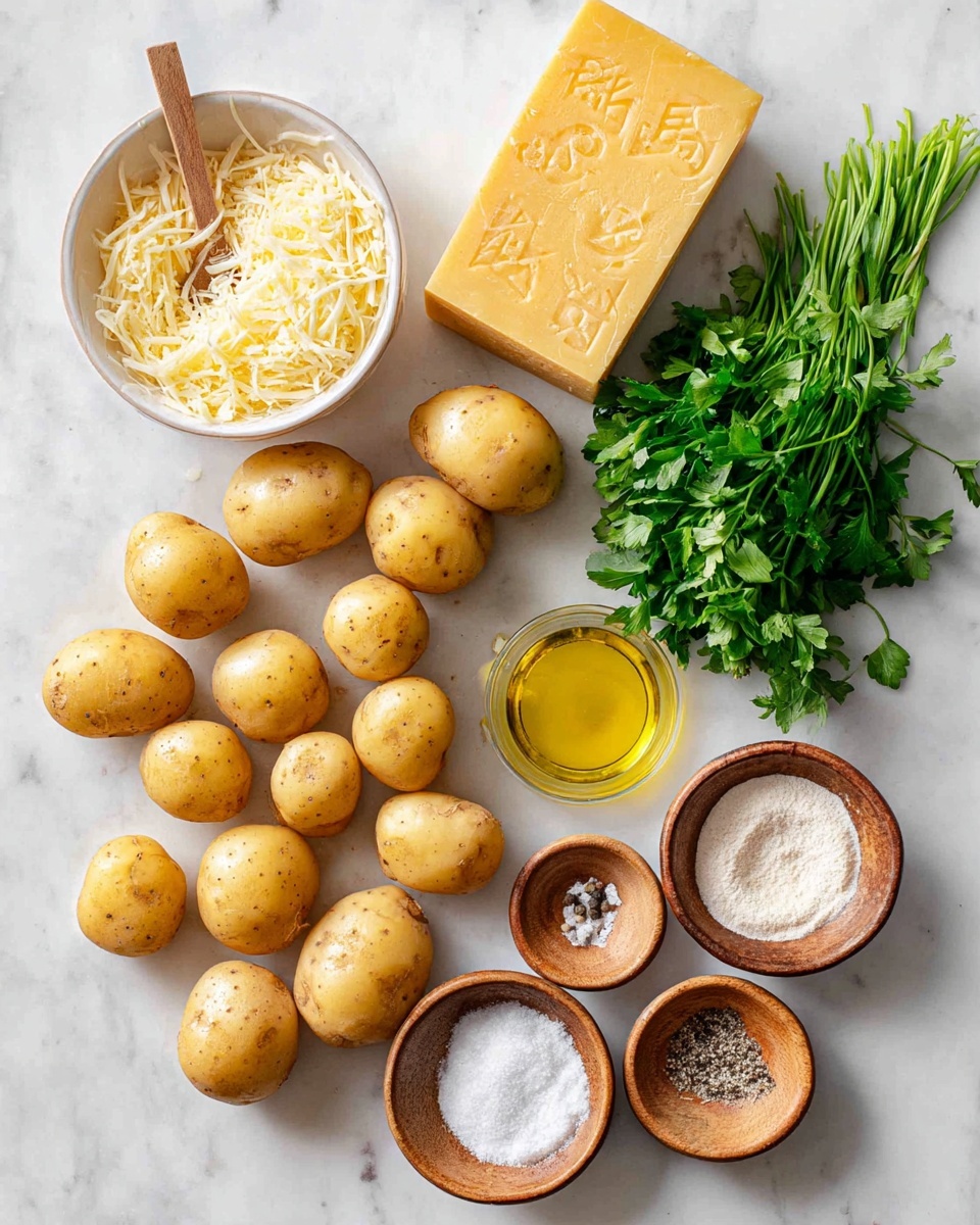 The image shows many small yellow potatoes spread out on a white marbled surface. On the top left is a white bowl filled with shredded Parmesan cheese with a small wooden spoon inside it. Next to the bowl is a block of hard yellow cheese with markings on the top. On the right side, there is a bunch of fresh green parsley leaves. Below the parsley is a small clear glass container with yellow olive oil. At the bottom, three round wooden bowls hold different white powders: one looks like grated cheese, the next one is salt, and the third one appears to be salt with some black pepper sprinkled in a spiral shape. photo taken with an iphone --ar 4:5 --v 7