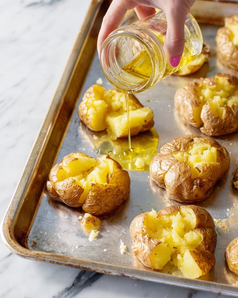 The image shows a silver baking tray with several smashed yellow potatoes spread out unevenly on it. Each potato has a wrinkled, light brown skin layer on top, with the soft yellow potato flesh visible underneath, giving a layered textured look. A woman's hand is pouring olive oil from a small glass jar onto one of the smashed potatoes, which adds a shiny, wet texture to that area. The tray sits on a white marbled surface. photo taken with an iphone --ar 4:5 --v 7