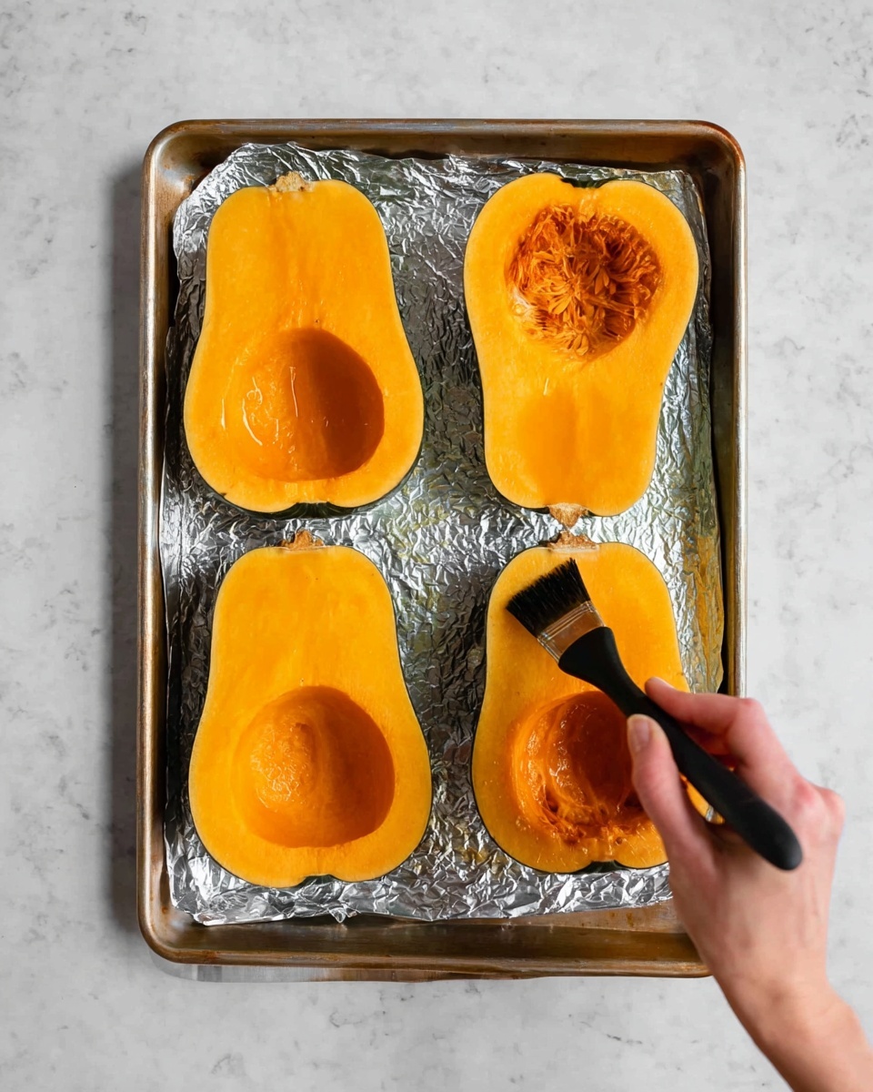 A metal baking tray lined with silver foil holds four halves of squash, two acorn and two butternut, each with the seed area scooped out showing bright orange flesh. A woman's hand is brushing oil onto one butternut half with a black brush, adding shine to its smooth surface. The tray rests on a white marbled background, and the scene is lit softly from above. photo taken with an iphone --ar 4:5 --v 7