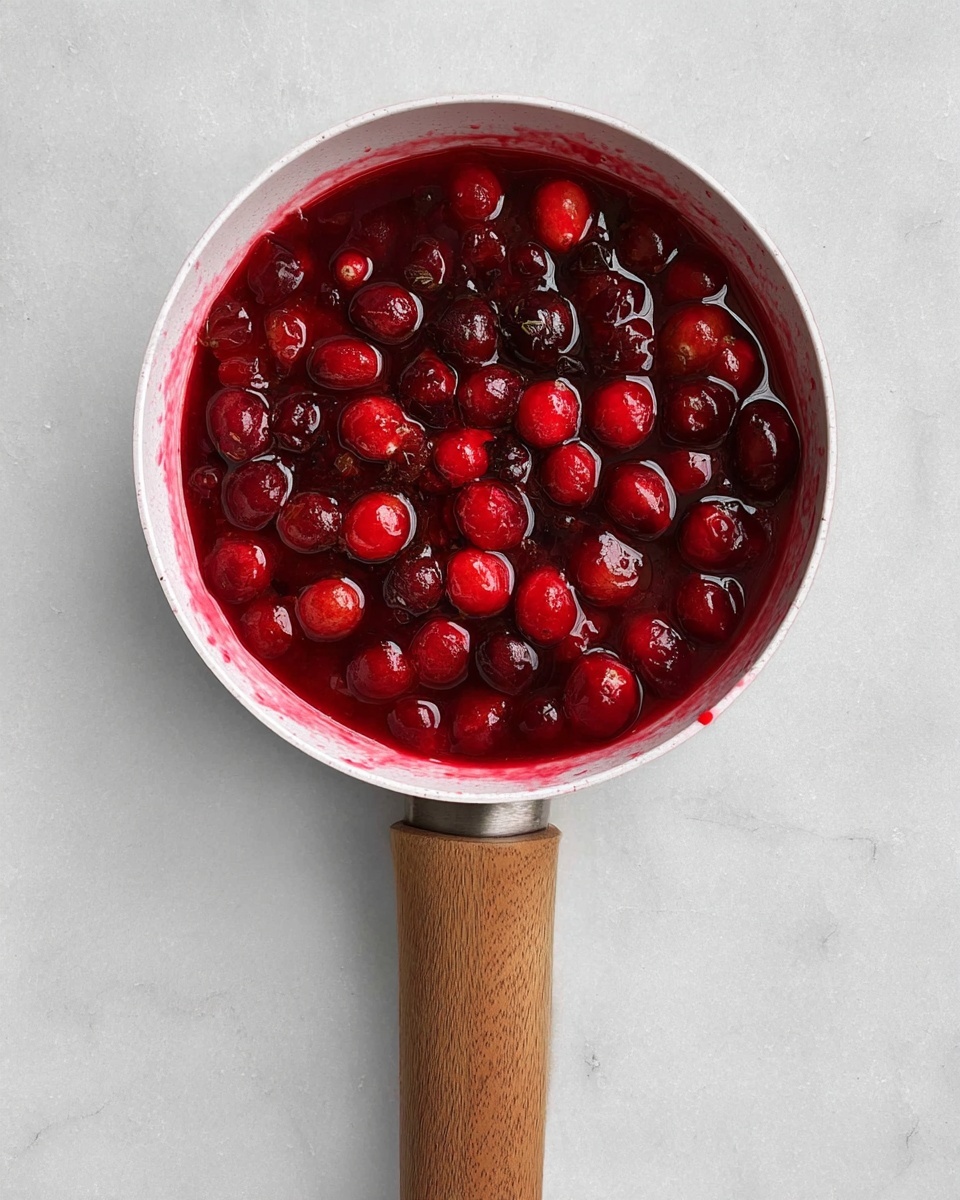 A small white saucepan with a wooden handle is filled with a thick red mixture made from whole and slightly mashed cranberries. The cranberries vary in shades of deep red and bright red, sitting in a juicy, glossy liquid that almost fills the pan, with some splashes of red along the inner edge. The smooth white marbled surface beneath the saucepan creates a clean, simple background. Photo taken with an iphone --ar 4:5 --v 7
