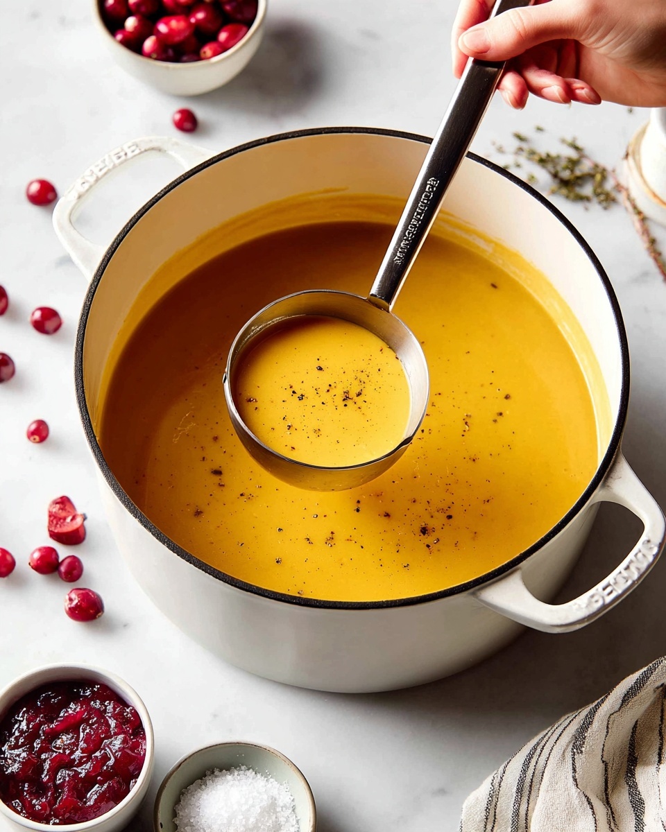A white pot filled with smooth, thick yellow-orange soup, with small black pepper specks on its surface, sits on a white marbled background. A metal ladle is dipped in the pot, holding some soup, with a woman's hand gripping the ladle’s handle. Around the pot, there are scattered whole red cranberries and small white bowls, one filled with more yellow soup topped with some dark reddish jam, and another bowl holding a chunky red jam. A small white bowl with coarse salt is also visible, along with a light striped cloth on the side. Photo taken with an iphone --ar 4:5 --v 7