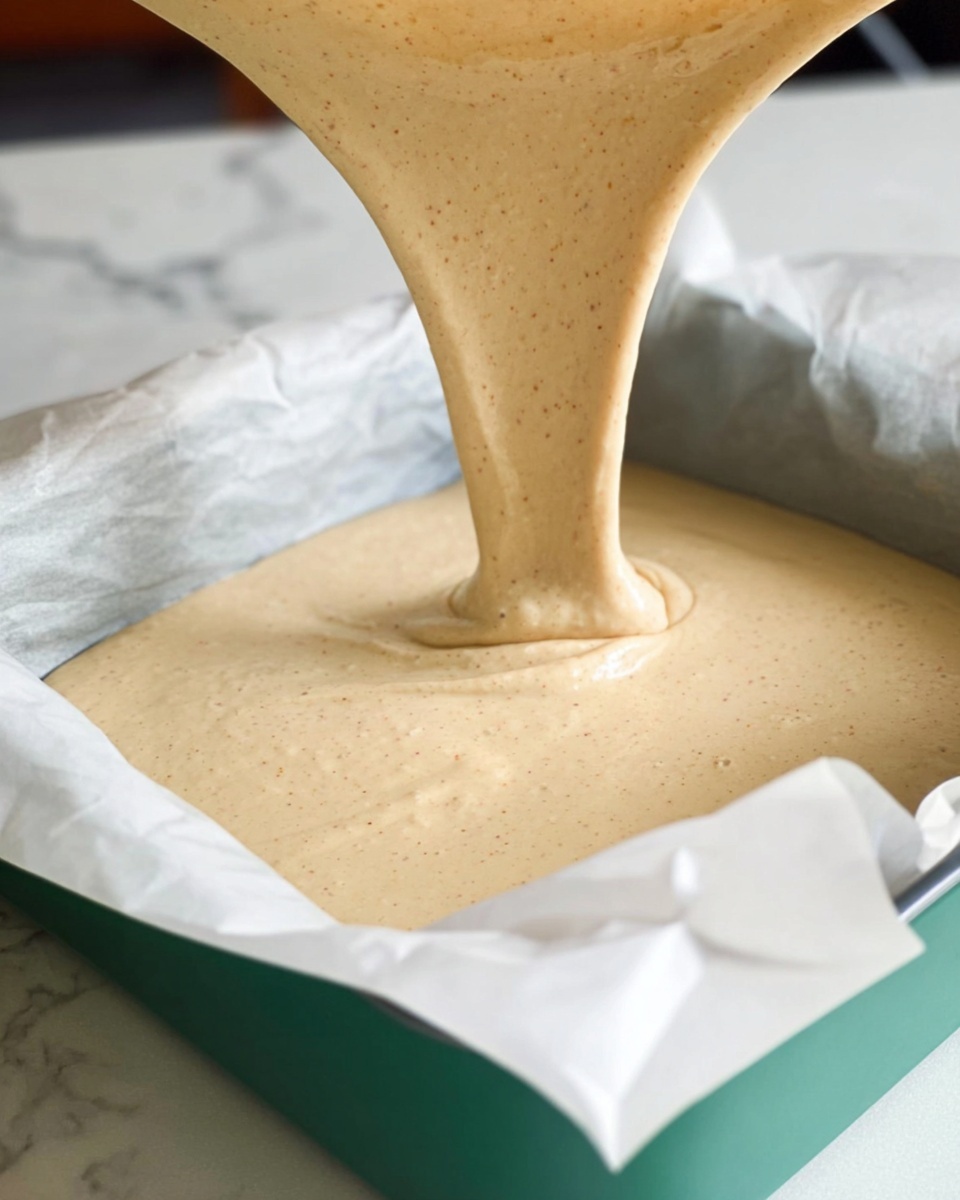A thick, smooth, creamy batter with a light beige color and tiny darker specks is being poured from a container into a white parchment paper-lined green baking pan. The batter flows in a wide, steady stream, creating a flat, even layer that fills the bottom of the pan. The background has a white marbled texture surface, and the batter looks soft and slightly shiny. Photo taken with an iphone --ar 4:5 --v 7