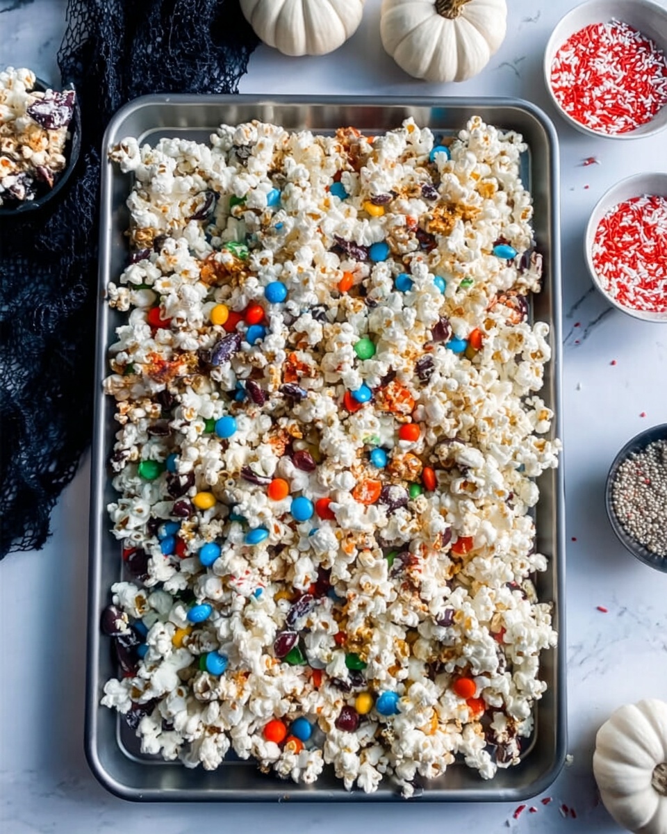 A large rectangular silver tray filled with popcorn mixed with colorful candy-coated chocolates scattered evenly across the top layer. The popcorn is light and fluffy with white and slightly golden tones, while the candies add bright spots of blue, red, orange, yellow, and green. The popcorn and candies have a texture that looks a little sticky, possibly from melted chocolate or syrup drizzled thinly over the top. Around the tray, there are a few small white pumpkins and bowls with red sprinkles, placed on a white marbled surface. Photo taken with an iphone --ar 4:5 --v 7