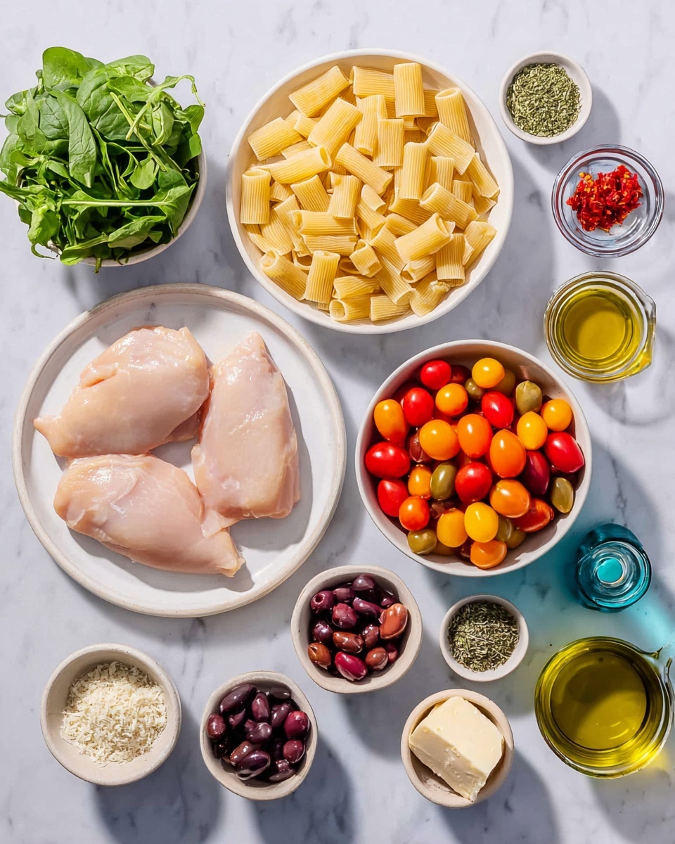 The image shows many ingredients neatly arranged on a white marbled surface. In the center, there is one white plate with two raw chicken pieces, light pink in color and smooth in texture. Above it, a white bowl holds pale yellow rigatoni pasta, shaped like short tubes with ridges. To the right, a white bowl filled with mixed cherry tomatoes in red, orange, and yellow colors adds brightness. Around these main items, small white bowls contain dark purple olives, green capers, dried red peppers, grated white cheese, and fresh green leafy herbs including spinach and arugula. Small glass containers hold red wine vinegar, yellow mustard, and dried herbs, adding more color contrast. A green glass bottle with an olive oil pourer is placed on the right side. The image is bright and clean, with everything shown clearly and well spaced. photo taken with an iphone --ar 4:5 --v 7