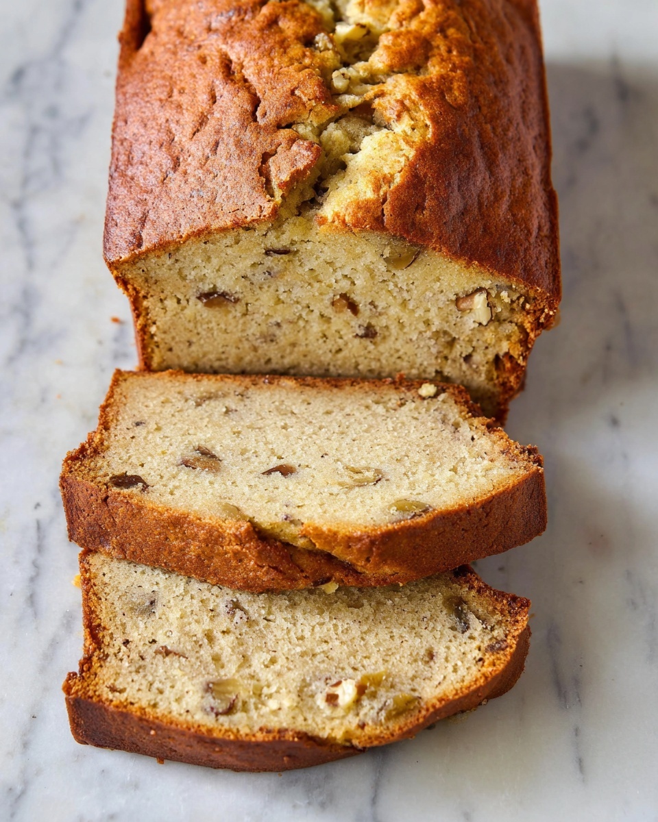 A loaf of light brown banana bread with visible small dark nut pieces inside is shown on a piece of parchment paper, resting on a white marbled surface. Two slices have been cut from the front, the nearest slice laying flat and showing a soft, moist texture with nuts spread evenly, while the rest of the loaf remains whole with a cracked, slightly rough top crust. The colors range from golden to pale beige inside, emphasizing the texture contrast photo taken with an iphone --ar 4:5 --v 7