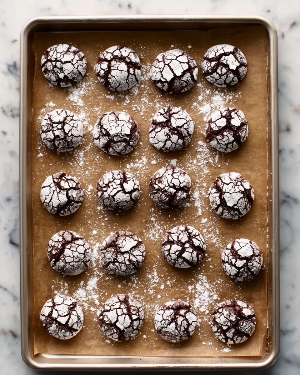 The image shows a baking tray lined with brown parchment paper, holding 20 round chocolate cookies spaced out in 4 rows. Each cookie has a cracked texture with visible dark brown chocolate dough underneath a dusting of white powdered sugar, creating a strong contrast. The cookies have a slightly rough surface with irregular white patches all over. Some powdered sugar is scattered on the parchment paper around the cookies. The tray is on a white marbled surface. photo taken with an iphone --ar 4:5 --v 7