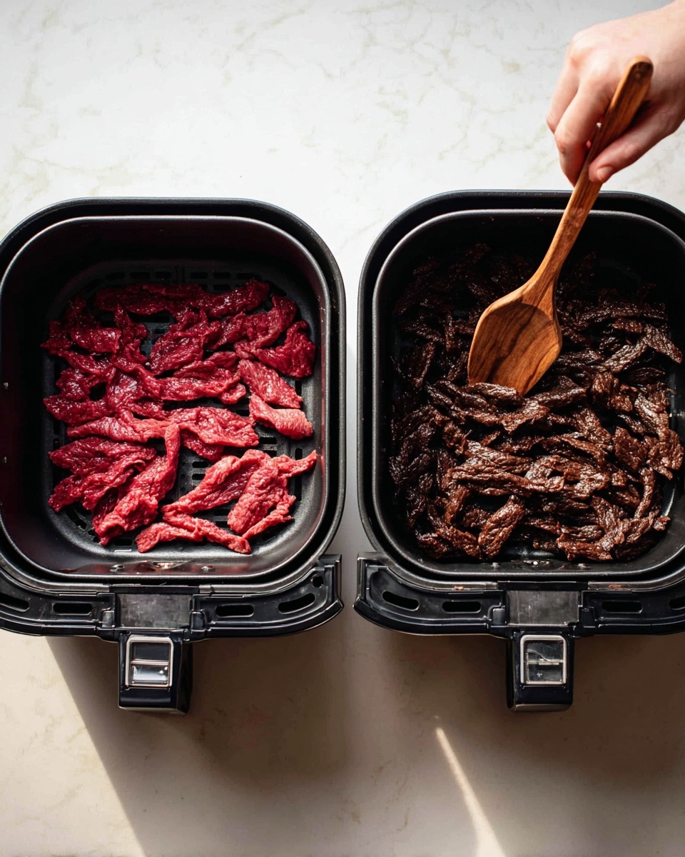 The image shows two black air fryer baskets placed side by side on a white marbled surface. The basket on the left contains raw thin strips of red meat spread evenly across the bottom, showing a fresh and moist texture. The basket on the right has the same thin meat strips cooked to a dark brown color with a slightly shiny and cooked texture. A wooden spoon held by a woman's hand is stirring the cooked meat inside this basket. The lighting highlights the texture differences between raw and cooked meat clearly, with shadows inside the baskets adding depth photo taken with an iphone --ar 4:5 --v 7