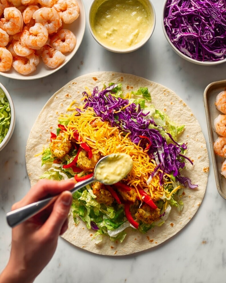 The image shows a large, round tortilla placed on a white marbled surface. On top of the tortilla, there is a layer of shredded yellow cheese, followed by a mix of colorful shredded vegetables including purple cabbage, red bell peppers, and green lettuce in the center. A woman's hand is holding a spoon above the tortilla, pouring a creamy light yellow sauce over the vegetables. Around the tortilla, there are white bowls filled with shredded purple cabbage and leafy greens, and a white tray with cooked shrimp arranged neatly. The scene is bright and clean, focusing on the fresh ingredients and the action of adding sauce. photo taken with an iphone --ar 4:5 --v 7