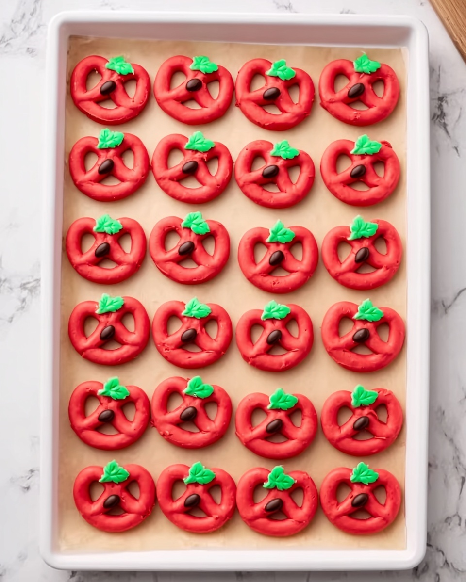 The image shows a flat white tray lined with parchment paper holding 24 small pretzel-shaped cookies arranged in a neat 4 by 6 grid. Each cookie is bright red and smooth in texture with three visible loops in the traditional pretzel shape. On top of each cookie, there are two small green leaf-like decorations near the top middle, and a single small dark brown oval placed just below the leaves, creating a festive look. The tray is placed on a white marbled surface. The colors are vibrant and the cookies look fresh and clean. photo taken with an iphone --ar 4:5 --v 7