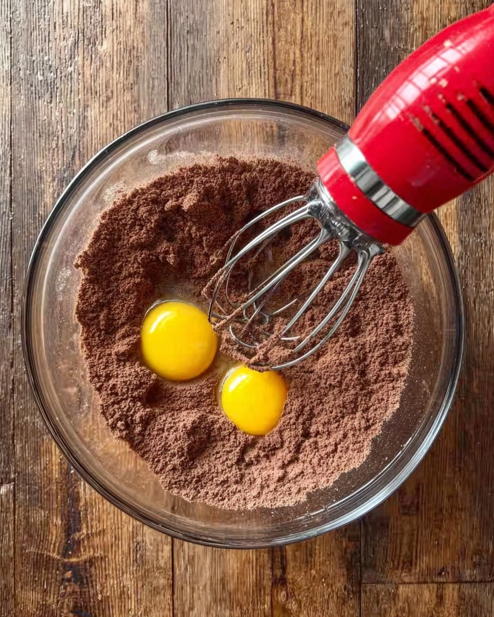 A clear glass bowl sits on a wooden surface, filled with a dark brown powdery mix. Two bright yellow egg yolks rest on top of the mixture, close together near the center. A red electric hand mixer with silver beaters is partly inside the bowl, ready to mix the ingredients. photo taken with an iphone --ar 4:5 --v 7