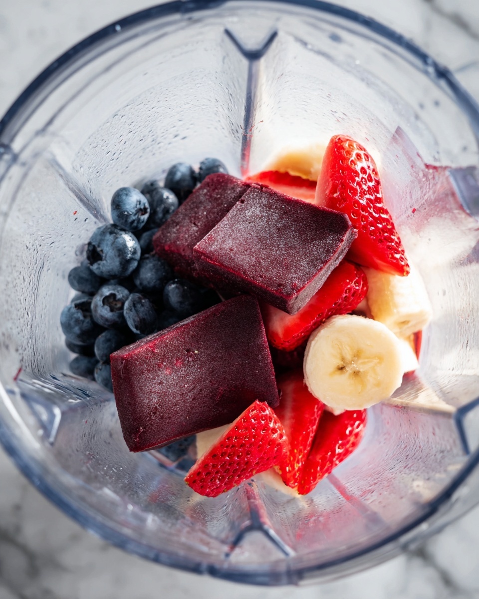 Inside a clear blender container, there are several layers of fruits arranged closely. At the bottom, small round blueberries appear in a deep blue color with a smooth texture. Above them, two dark purple frozen fruit bars with a firm texture rest diagonally, showing their solid shape. On top and next to the bars, there are thick slices of bright red strawberries with visible seeds and juicy texture. Near the strawberries, creamy light yellow slices of banana add a soft contrast to the fruit mix. The blender’s clear walls reflect light, enhancing the vibrant colors of the fruit. The whole setup is placed on a white marbled surface. Photo taken with an iphone --ar 4:5 --v 7