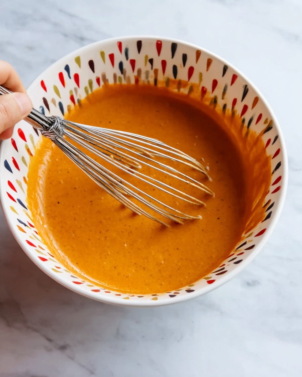 The image shows a white bowl with colorful dots around its edge, filled with a smooth orange sauce that has small dark flecks inside. A metal whisk is partially dipped into the sauce, with its wires coated in the thick mixture, and a woman's hand holding the whisk is just out of view. The bowl is placed on a white marbled surface, giving a clean and bright look. The sauce looks creamy and evenly mixed, filling the bowl about halfway. Photo taken with an iphone --ar 4:5 --v 7