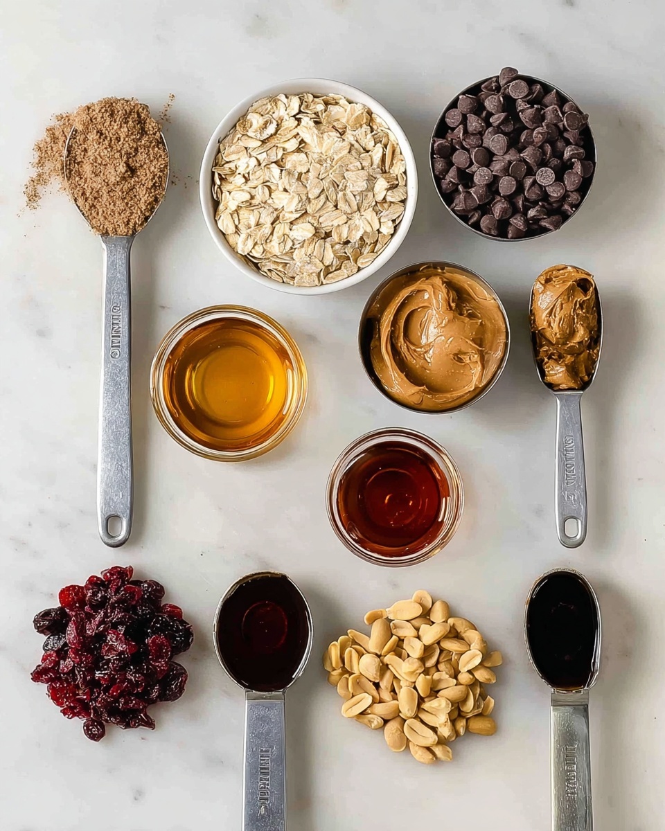 A top-down view of eight ingredients arranged neatly on a white marbled surface. From left to right and top to bottom, a metal measuring spoon with light brown flaxseed meal, a small white bowl filled with dark brown chocolate chips, a metal cup filled with pale beige rolled oats, a metal measuring spoon filled with tan peanut butter, a small glass filled with golden honey, a metal scoop filled with dark brown raisins, a small white bowl with deep red dried cranberries, a small glass with dark amber vanilla extract, and a metal scoop filled with pale yellow peanuts. The arrangement is clean and evenly spaced, showing the different textures and colors of each ingredient photo taken with an iphone --ar 4:5 --v 7