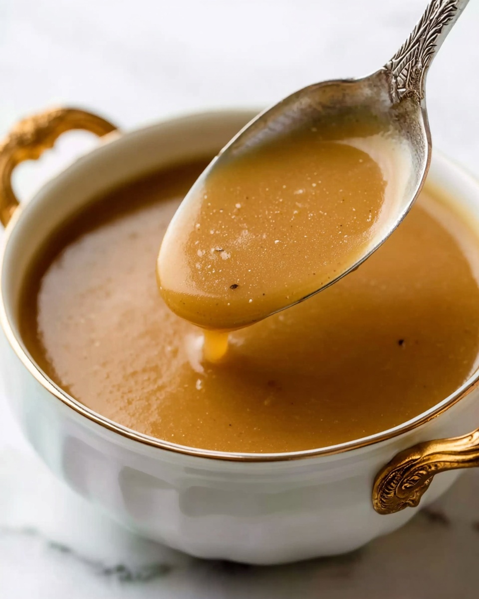 A close-up view of a white bowl with golden handles filled with smooth, light brown gravy. A silver ladle lifts some of the thick gravy, showing its creamy texture and faint shine. The background is a white marbled surface softly lit, focusing on the rich, velvety appearance of the gravy and the elegant details on the ladle handle. Photo taken with an iphone --ar 4:5 --v 7