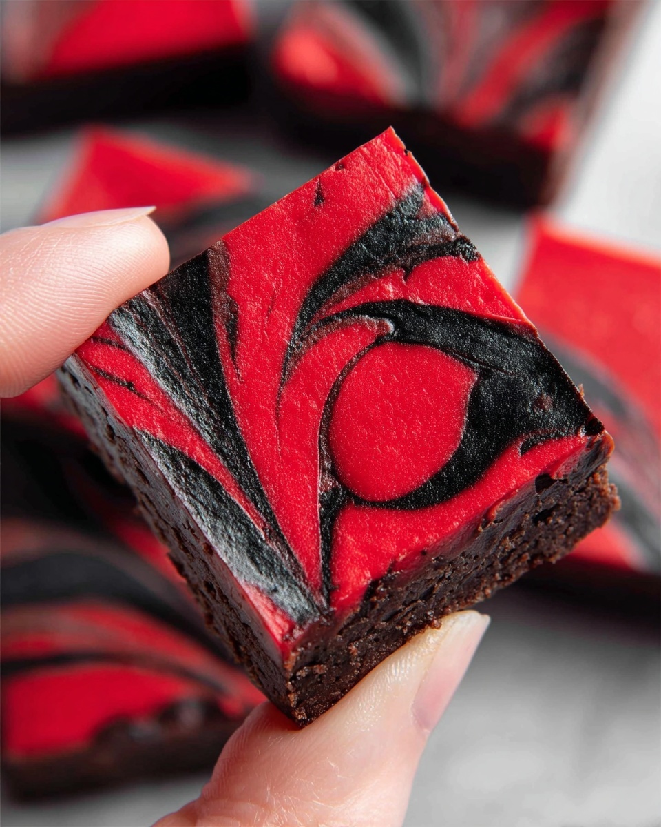 A close-up of a small square dessert held between a woman's thumb and finger, showing two main layers. The bottom layer is dark brown and has a slightly rough texture, resembling a brownie base. The top layer is bright red with smooth, creamy-looking swirls of shiny black mixed in an abstract pattern, covering the entire surface of the square. The background shows more pieces of the same dessert, all placed on a white marbled texture. Photo taken with an iphone --ar 4:5 --v 7