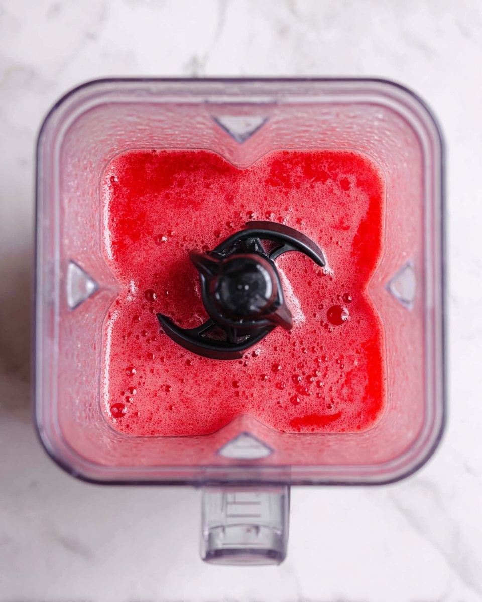 A close-up top view of a blender container filled with a bright red liquid mixture with small bubbles on the surface, showing a smooth but slightly textured consistency. The blender blade is in the center, black with two curved sharp edges, partially submerged in the pinkish-red liquid. The clear blender container has measurement marks on the side, and it sits on a white marbled surface. photo taken with an iphone --ar 4:5 --v 7