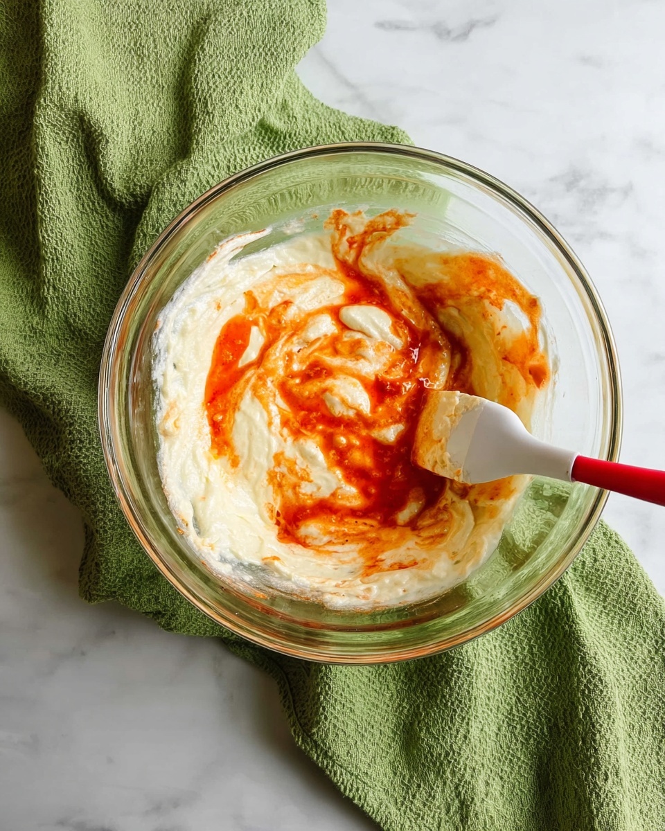 In a clear glass bowl on a white marbled surface, there is a creamy white mixture with bright orange sauce swirled into it, giving a marbled effect. A white spatula with a red silicone tip is partially dipped in the bowl, mixing the two colors together. A green cloth is casually placed behind the bowl, adding a soft touch of color to the scene. Photo taken with an iphone --ar 4:5 --v 7